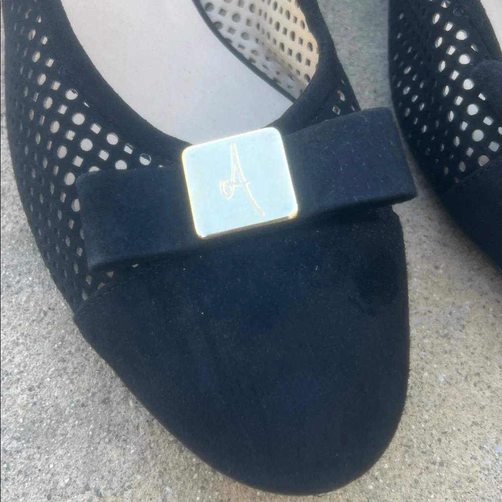 Amalfi by Rangoni Black Suede Bow Tie Gold Detail Flats Women's Size 11